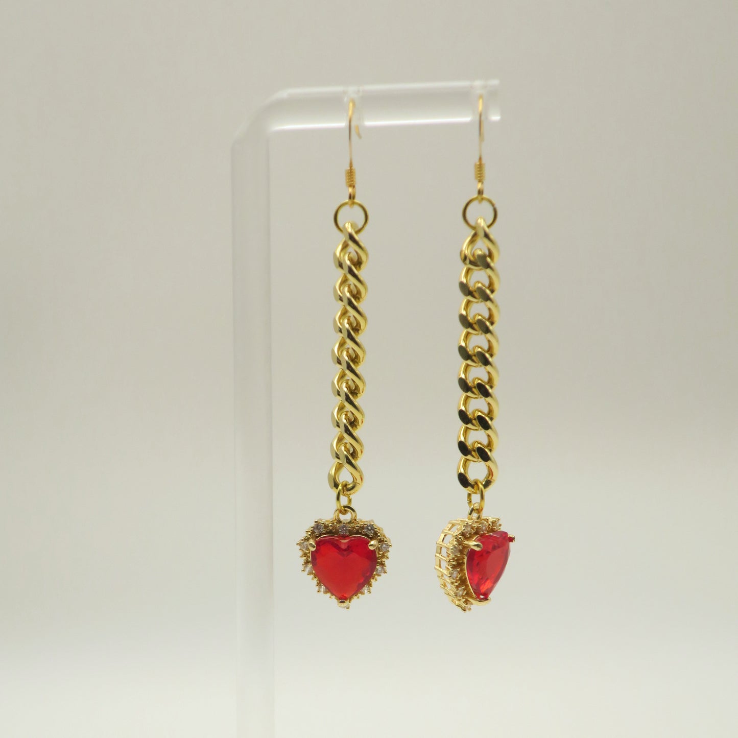 Ruby Red Chain Heart Earrings